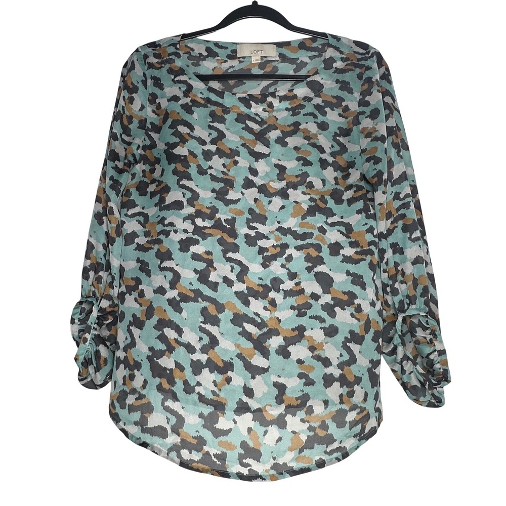 Ann Taylor‎ LOFT Womens Small Teal Abstract Animal Print Long Sleeve Blouse Top
